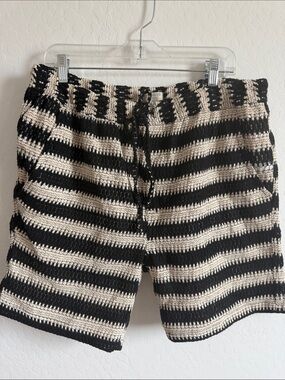 Massive Luxury Striped Crochet Shorts Men L black cream Drawstring Coastal boho